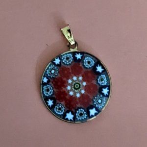 Round Murano Millefiori Red, White, Blue Glass Goldtone Pendant